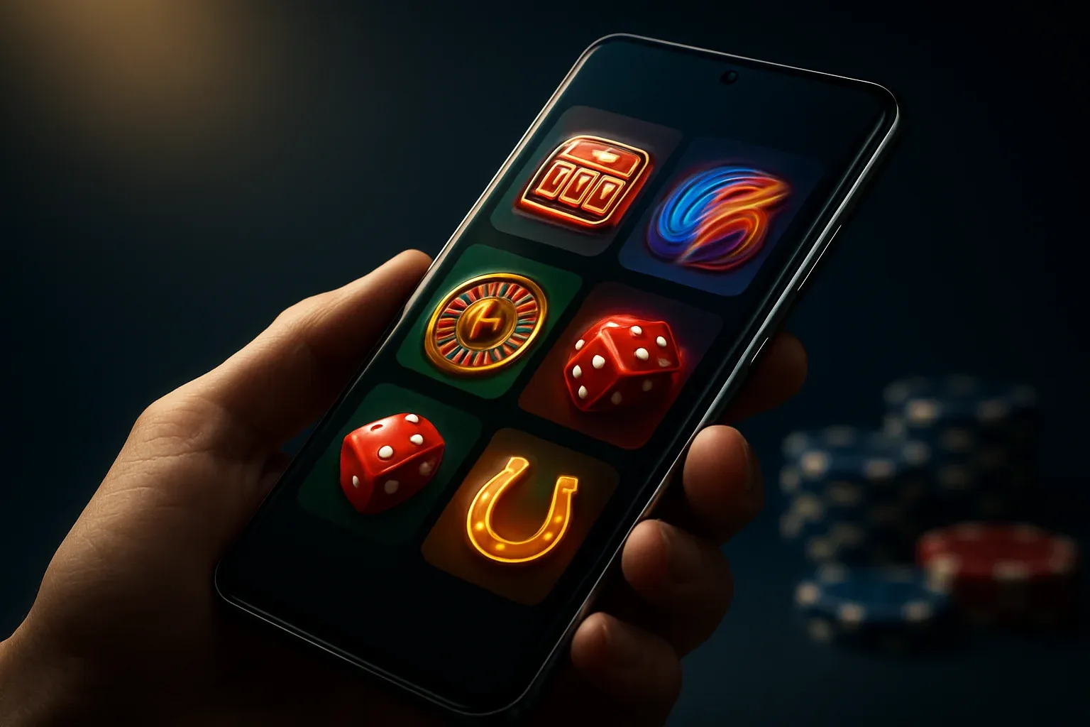 Hyperrealistic flagship Android smartphone showing vivid casino app interface, studio lighting