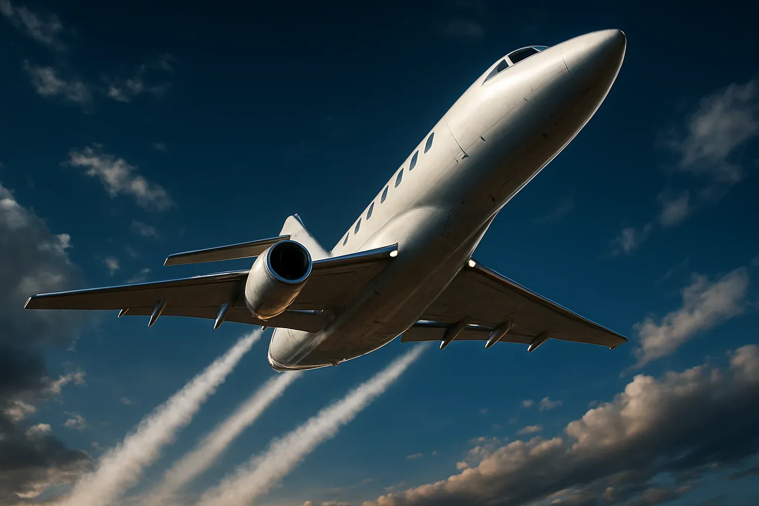 Hyperrealistic white jet climbing steeply in deep blue sky with contrails