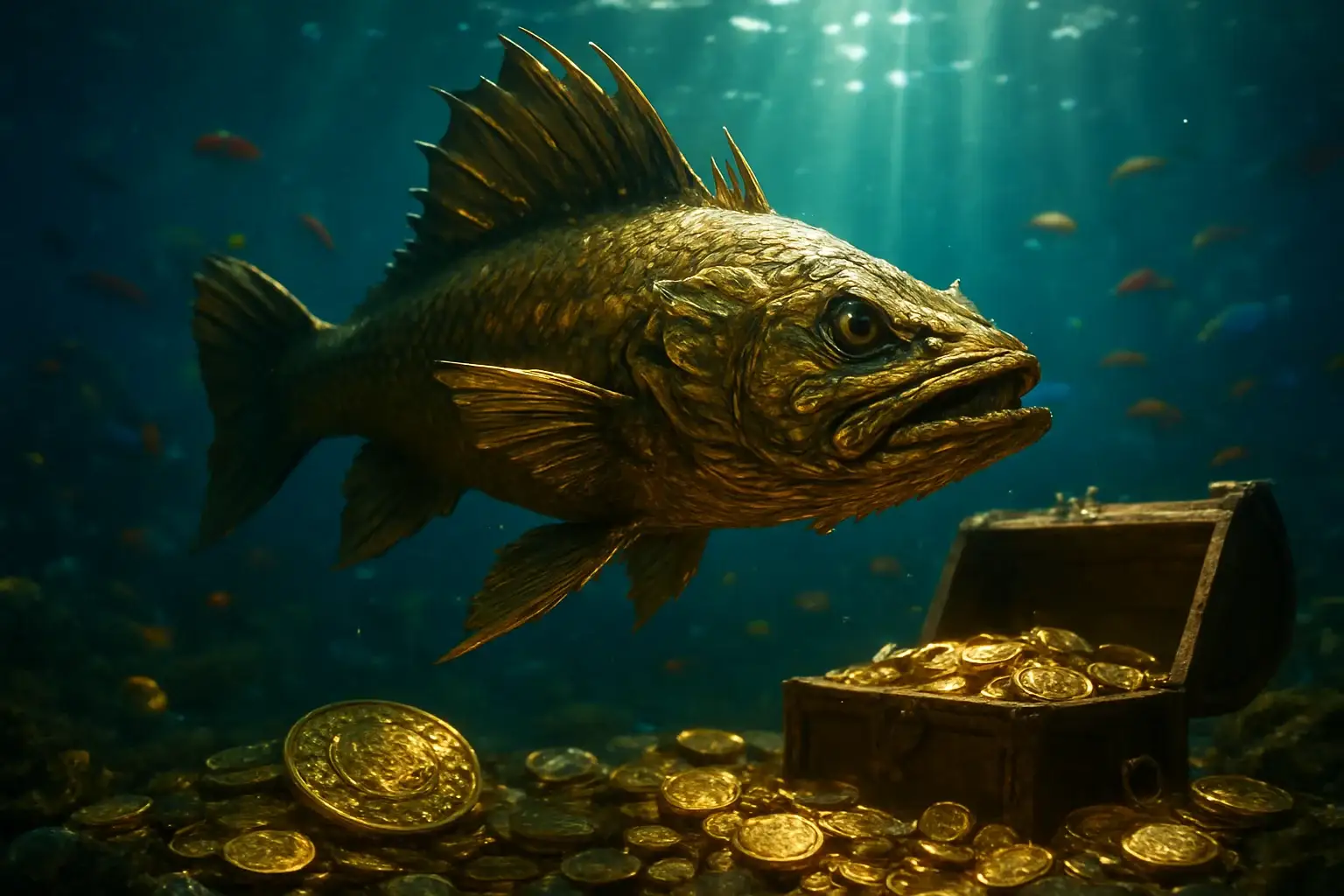 Hyperrealistic underwater golden dragon fish surrounded by coins and treasure