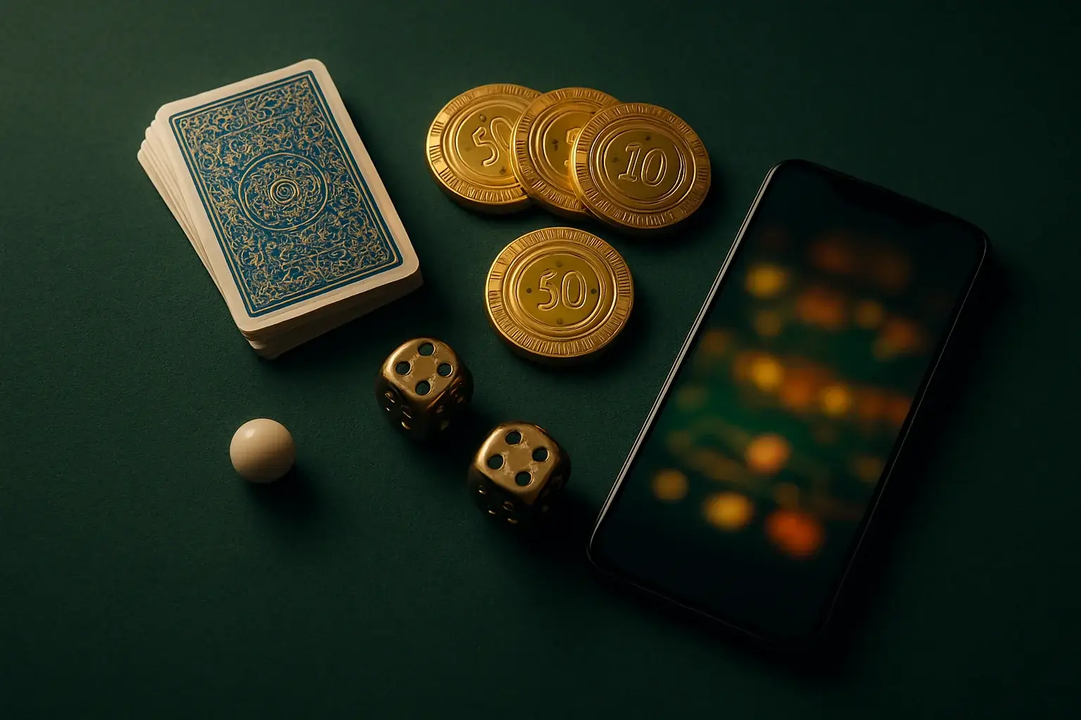 Top-down premium casino table with gold chips, cards, dice, roulette ball, smartphone