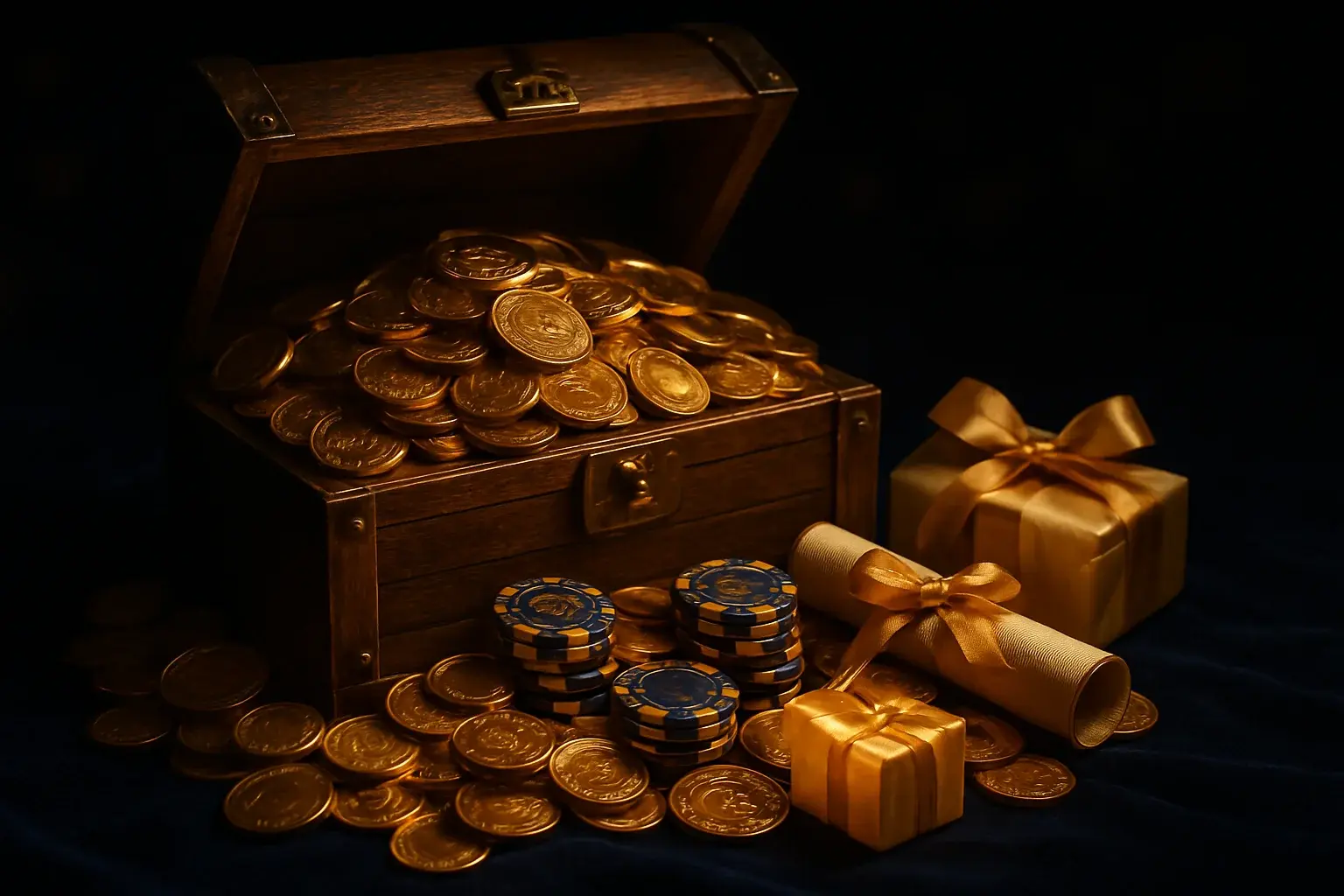 Overflowing treasure chest with gold coins, casino chips, vouchers, gift boxes
