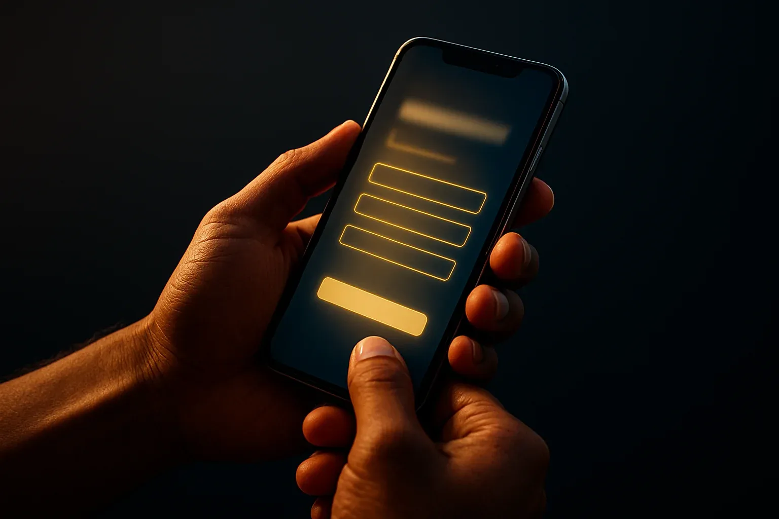 Filipino man hands holding smartphone with blurred registration screen, blue gold glow