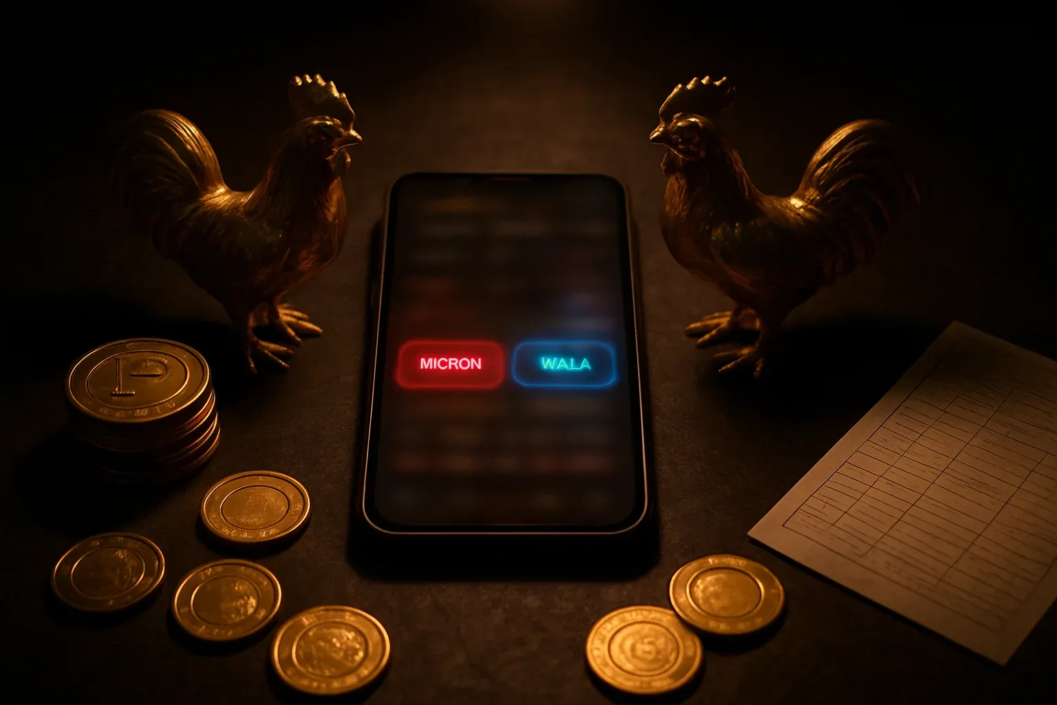 Cinematic flat-lay smartphone sabong betting interface with golden roosters and coins