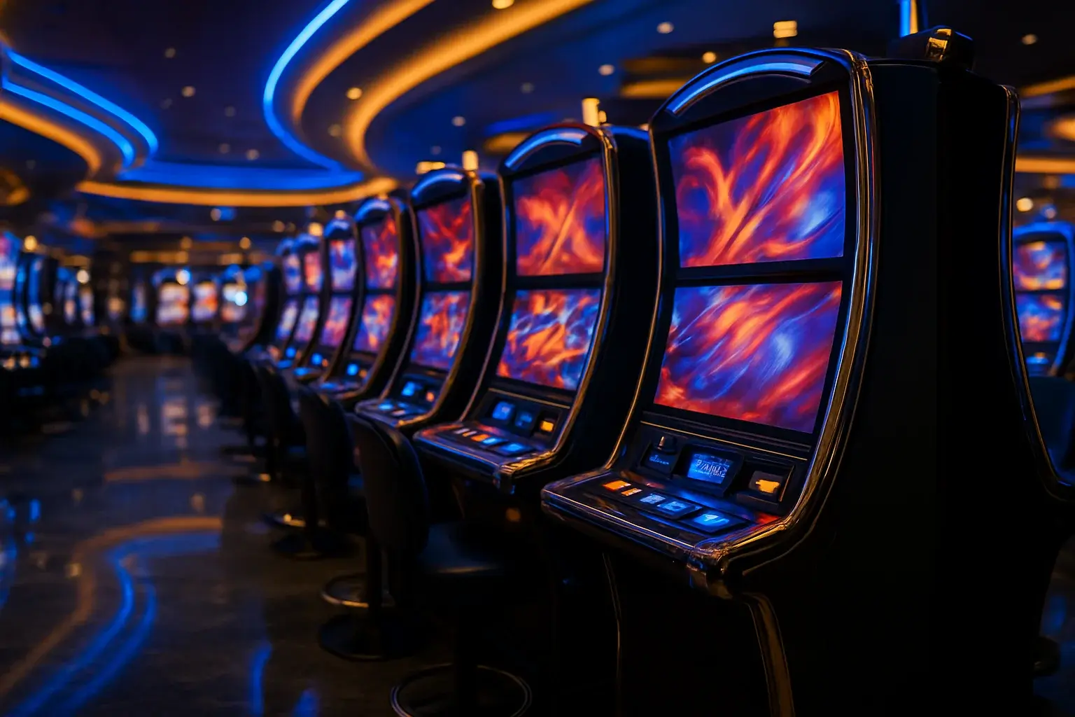 Hyperrealistic wide shot of Manila casino slots floor with blue gold lighting