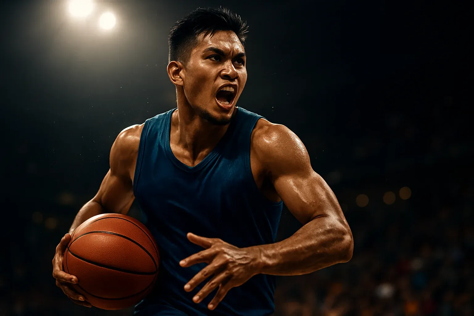 Filipino PBA basketball player mid-air driving to basket, intense close-up